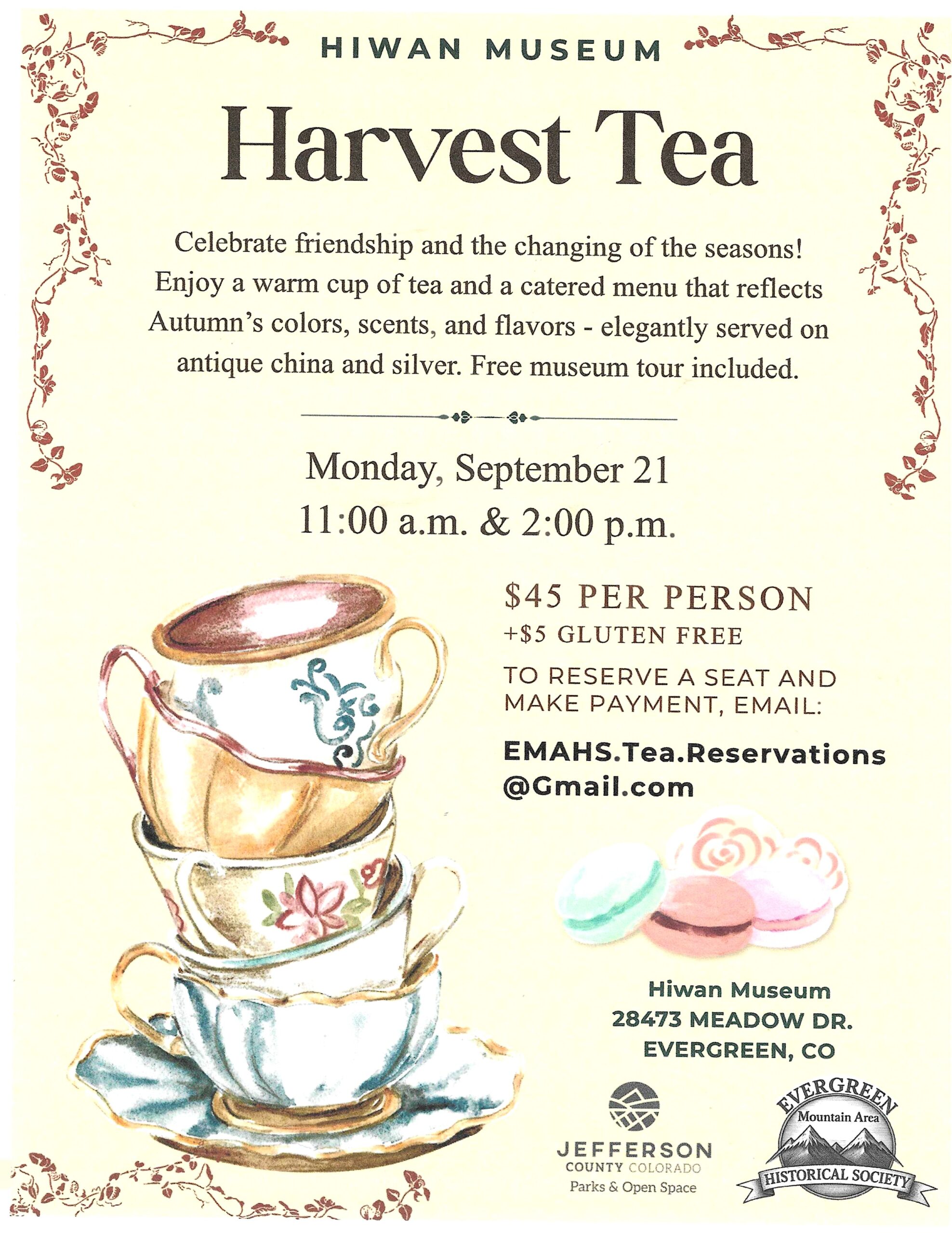 Hiwan Museum Harvest Tea flyer with event details